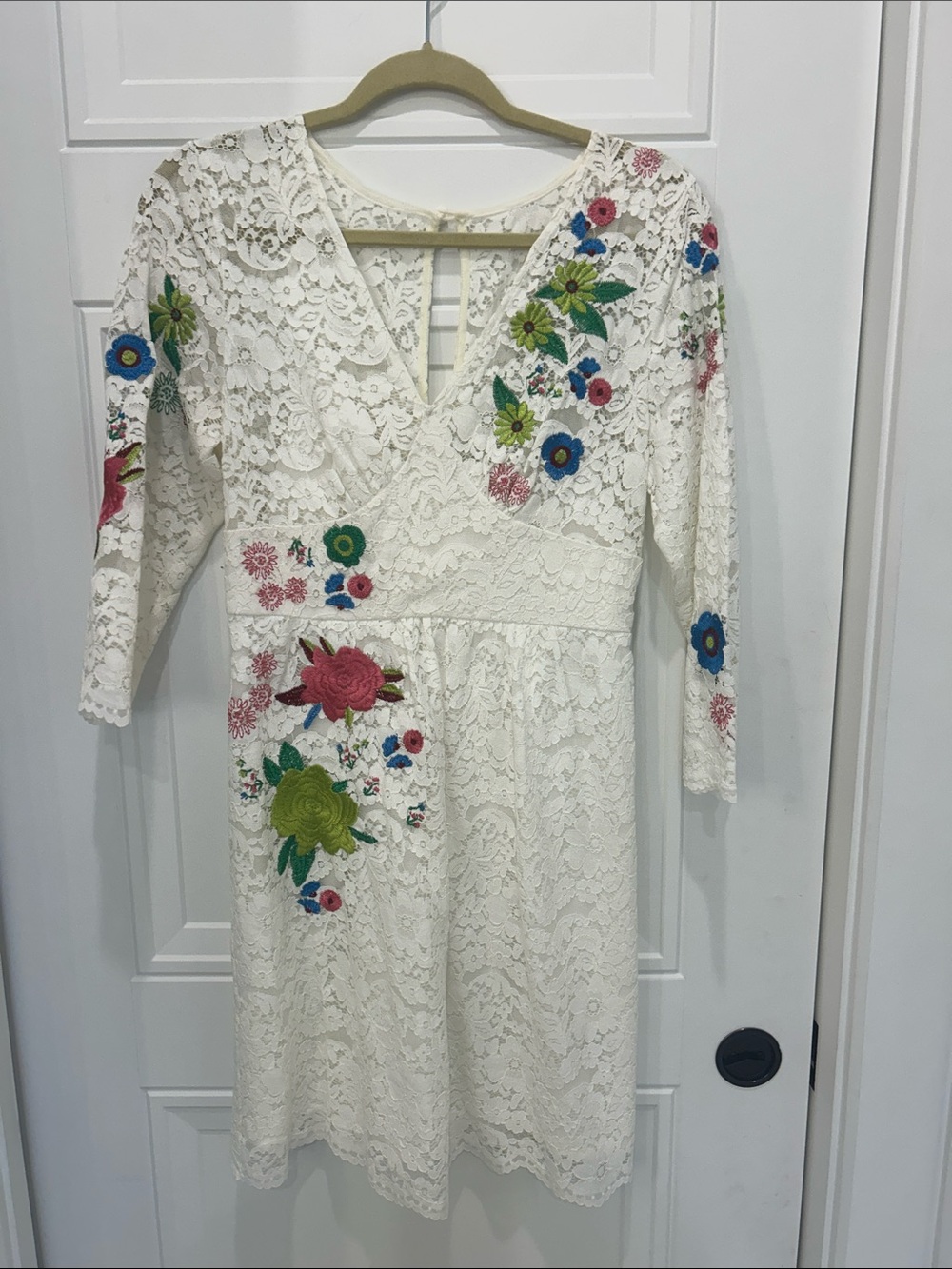 Tracy Reese White Lace Dress with Multicolor Floral Embroidery